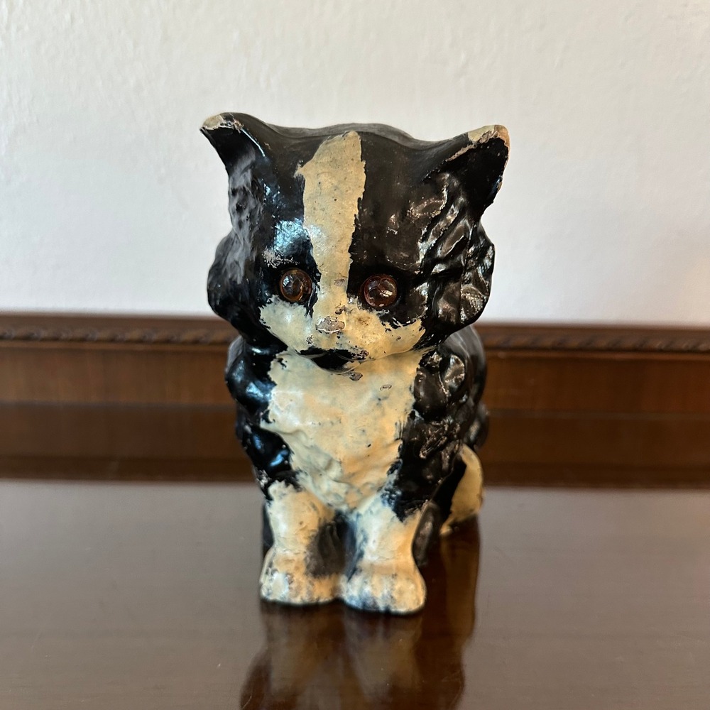 Vtg Tuxedo Cat Doorstop Halloween Glass Green Eyes Black Cream Composition 6.5"